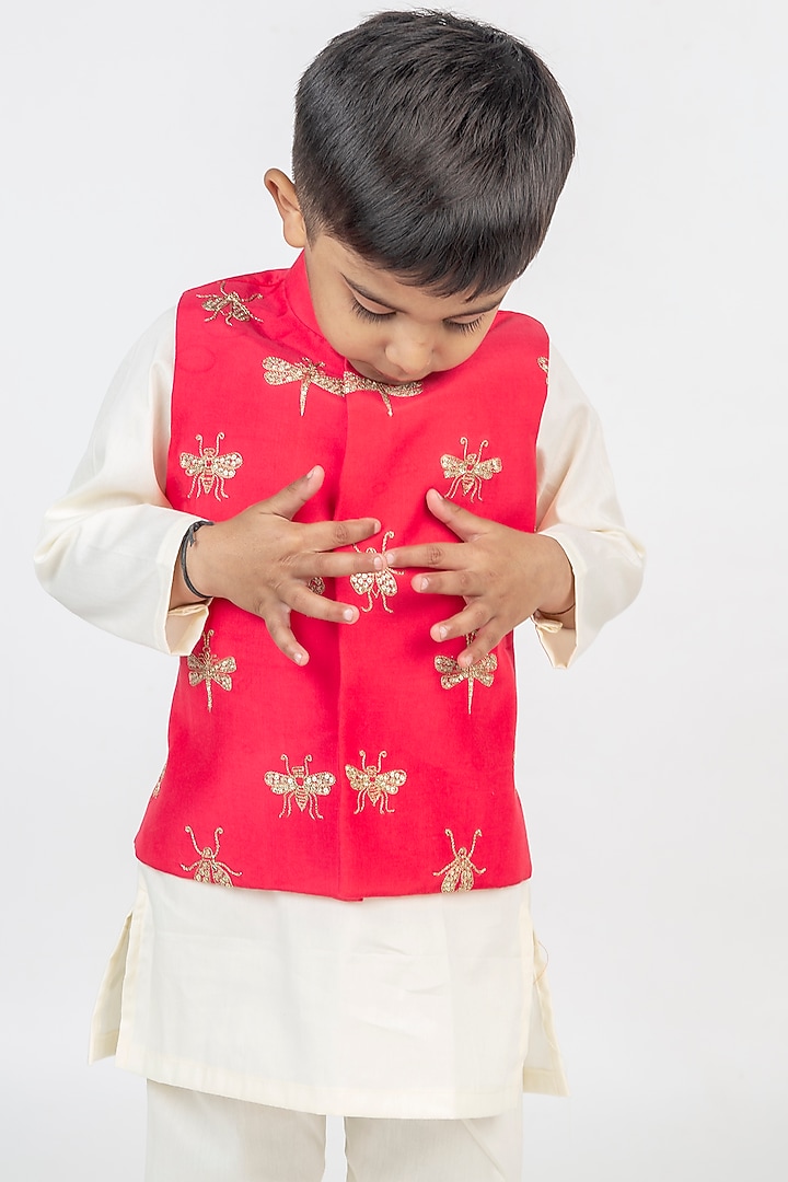 Coral Muslin Hand Embroidered Nehru Jacket Set For Boys by MR BRAT at Pernia's Pop Up Shop