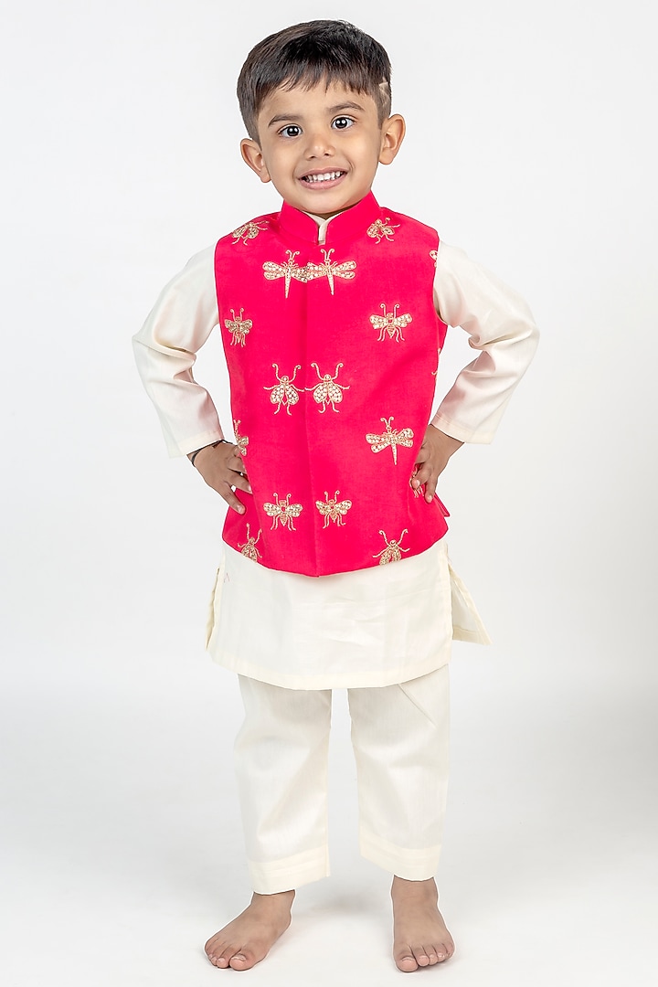 Coral Muslin Hand Embroidered Nehru Jacket Set For Boys by MR BRAT at Pernia's Pop Up Shop