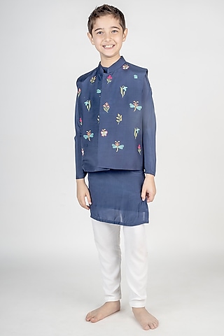 Navy Blue Muslin Hand Embroidered Nehru Jacket Set For Boys by MR BRAT