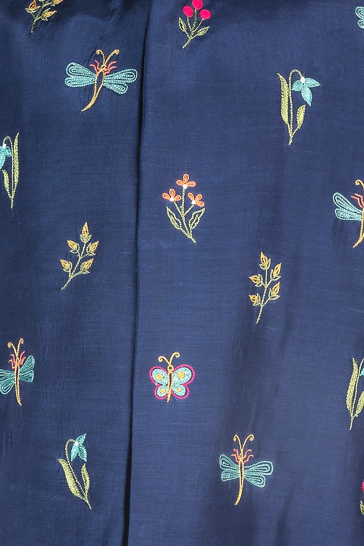 Navy Blue Muslin Hand Embroidered Nehru Jacket Set For Boys by MR BRAT at Pernia's Pop Up Shop