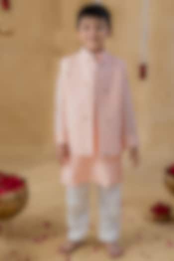 Peach Chanderi Gota & Motif Embellished Jacket Set For Boys by MR BRAT at Pernia's Pop Up Shop