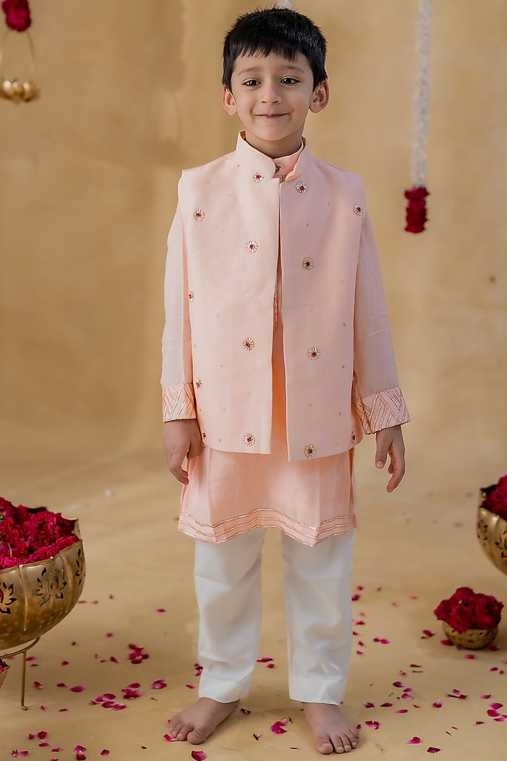 Peach Chanderi Gota & Motif Embellished Jacket Set For Boys by MR BRAT at Pernia's Pop Up Shop