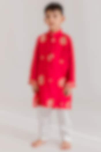 Deep Pink Muslin Gota Patti Embroidered Kurta Set For Boys by MR BRAT at Pernia's Pop Up Shop