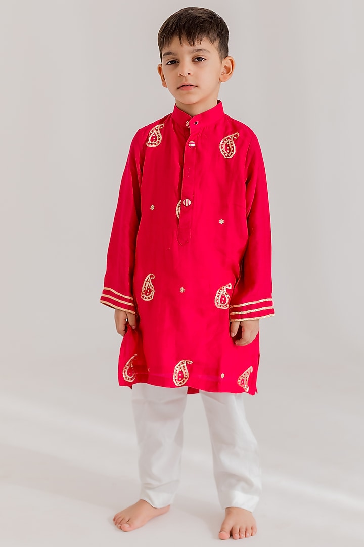 Deep Pink Muslin Gota Patti Embroidered Kurta Set For Boys by MR BRAT at Pernia's Pop Up Shop
