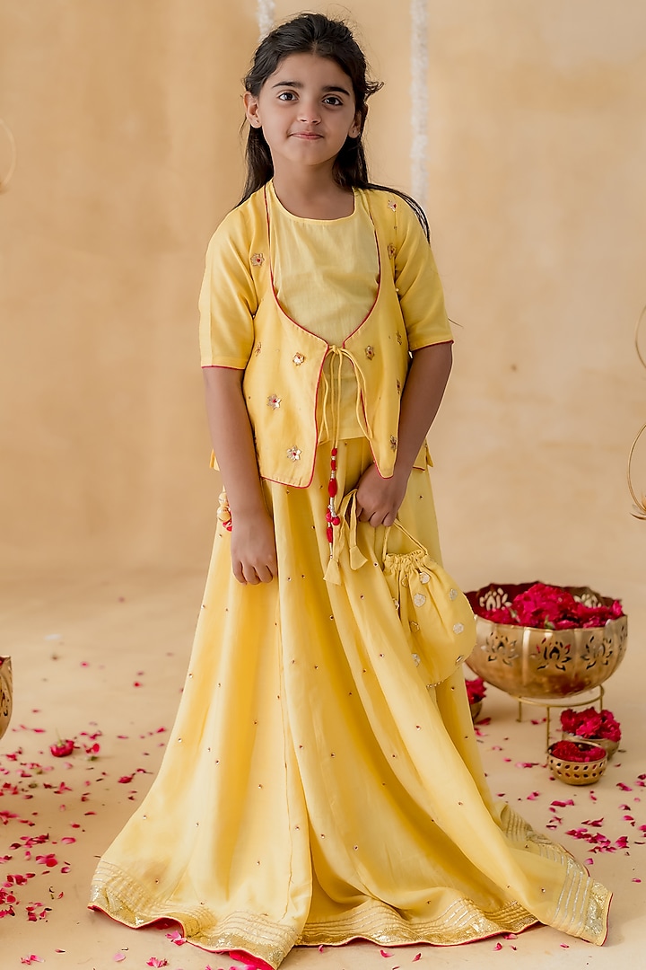 Yellow Soft Muslin Gota Hand Embroidered Lehenga Set For Girls by MR BRAT at Pernia's Pop Up Shop