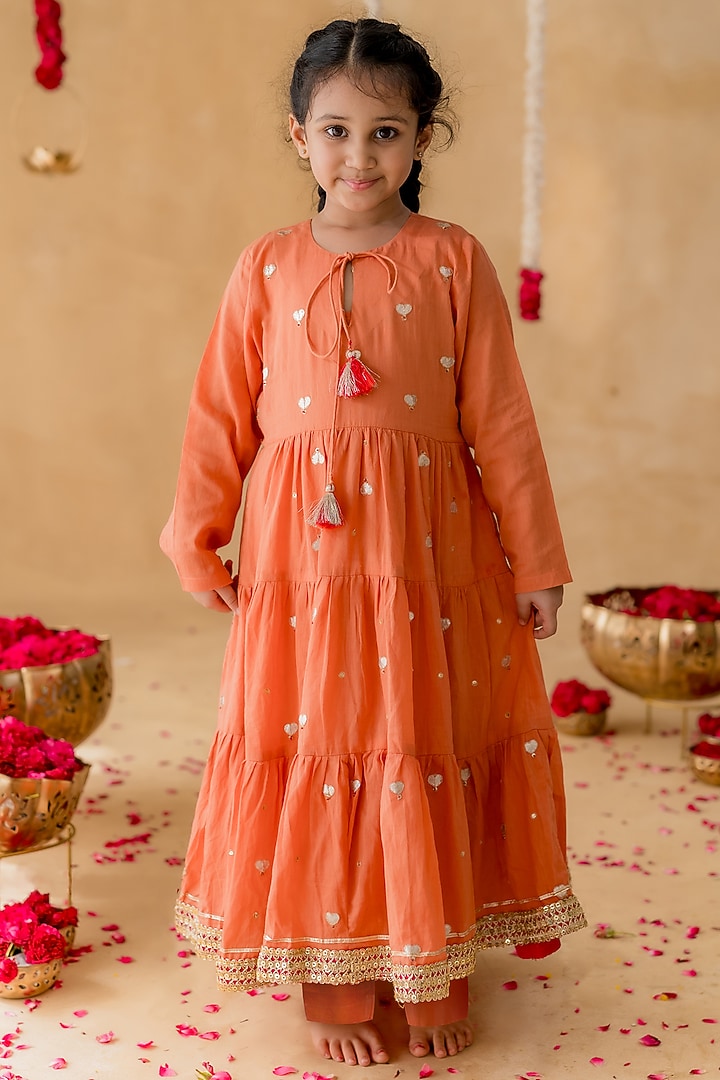 Rust Orange Soft Mulmul Cotton Gota Lace Kurta Set For Girls by MR BRAT at Pernia's Pop Up Shop