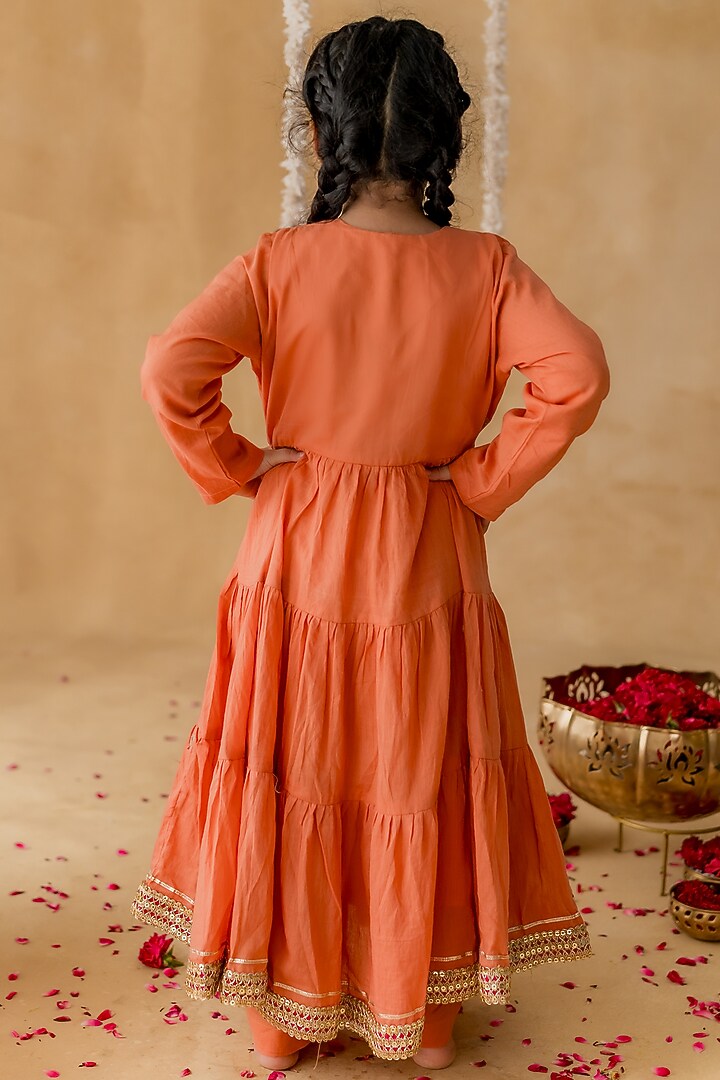 Rust Orange Soft Mulmul Cotton Gota Lace Kurta Set For Girls by MR BRAT at Pernia's Pop Up Shop