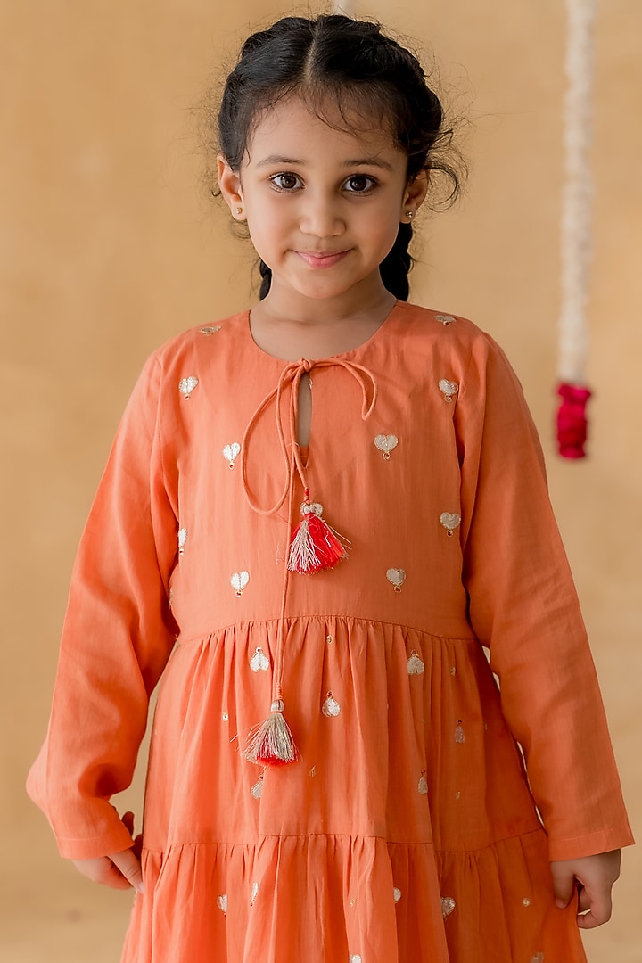 Rust Orange Soft Mulmul Cotton Gota Lace Kurta Set For Girls by MR BRAT at Pernia's Pop Up Shop