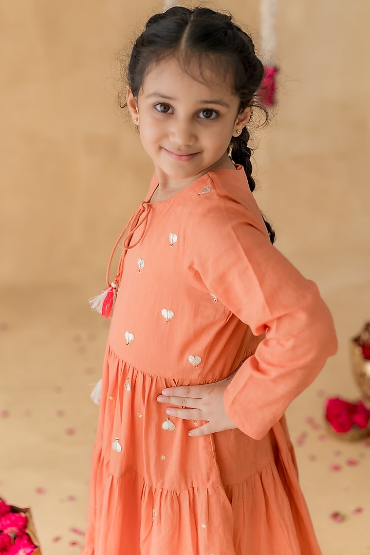 Rust Orange Soft Mulmul Cotton Gota Lace Kurta Set For Girls by MR BRAT at Pernia's Pop Up Shop