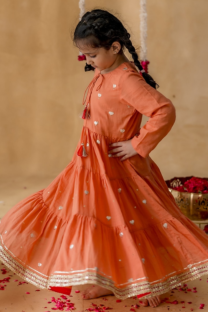 Rust Orange Soft Mulmul Cotton Gota Lace Kurta Set For Girls by MR BRAT at Pernia's Pop Up Shop