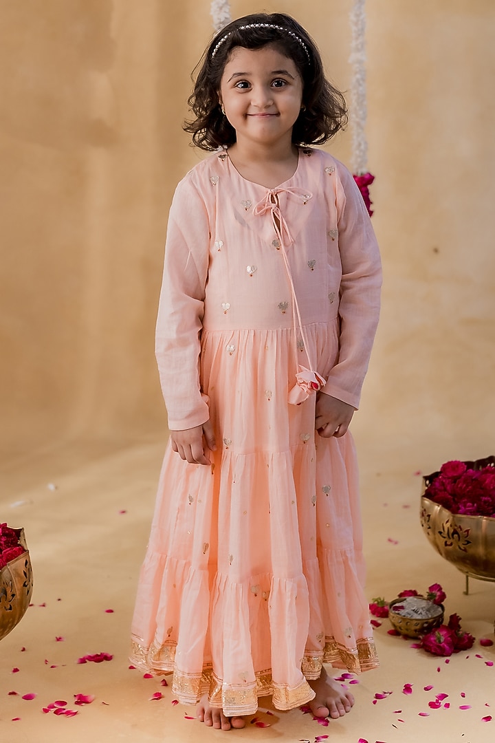 Peach Soft Mulmul Cotton Gota Lace Kurta Set For Girls by MR BRAT at Pernia's Pop Up Shop