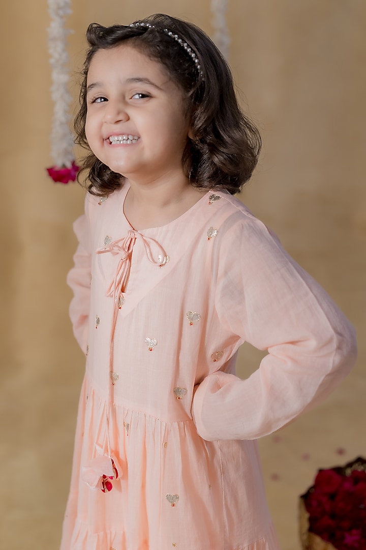 Peach Soft Mulmul Cotton Gota Lace Kurta Set For Girls by MR BRAT at Pernia's Pop Up Shop