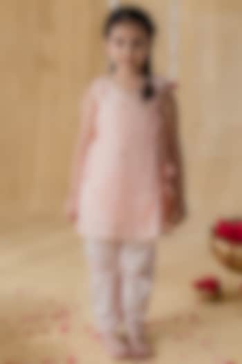Peach Soft Chanderi Angrakha Kurta Set For Girls by MR BRAT at Pernia's Pop Up Shop