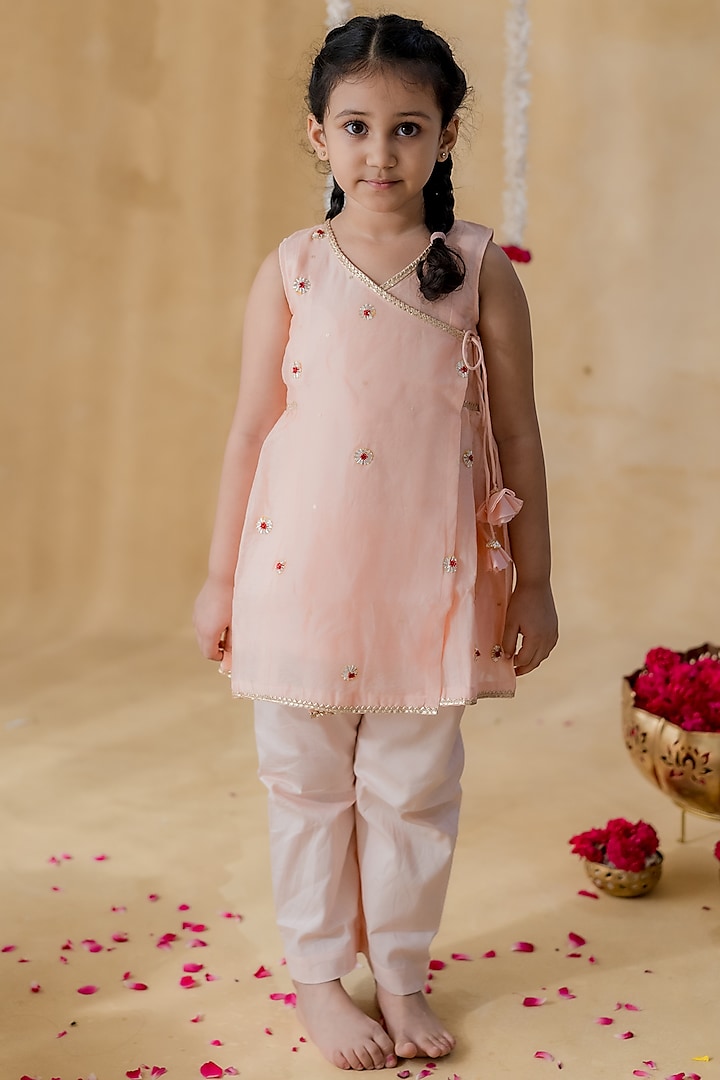 Peach Soft Chanderi Angrakha Kurta Set For Girls by MR BRAT at Pernia's Pop Up Shop