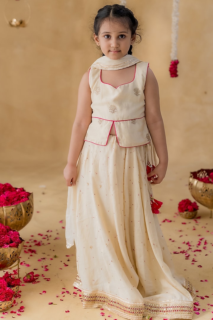 Off-White Soft Muslin Zari Embroidered Lehenga Set For Girls by MR BRAT at Pernia's Pop Up Shop