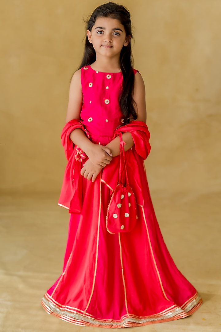 Pink Soft Muslin Gota Patti Embroidered Lehenga Set For Girls by MR BRAT at Pernia's Pop Up Shop