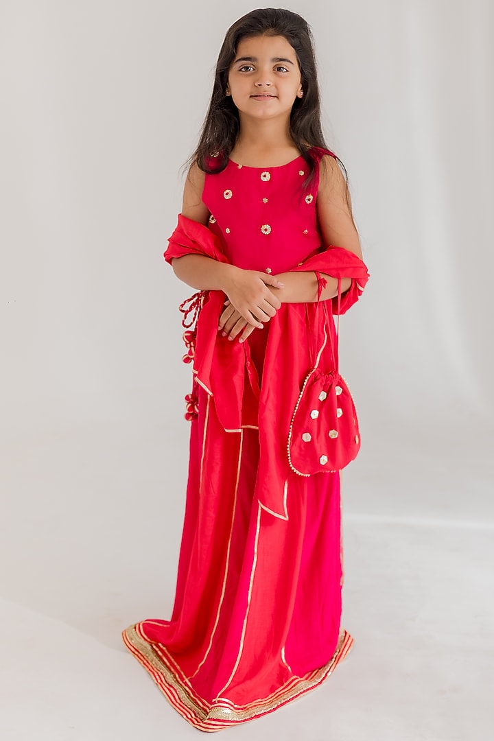 Pink Soft Muslin Gota Patti Embroidered Lehenga Set For Girls by MR BRAT at Pernia's Pop Up Shop