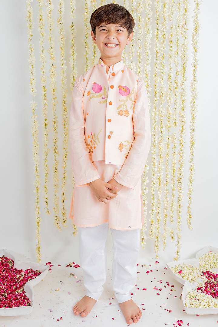 Pink Printed Bundi Jacket With Kurta Set For Boys by MR BRAT