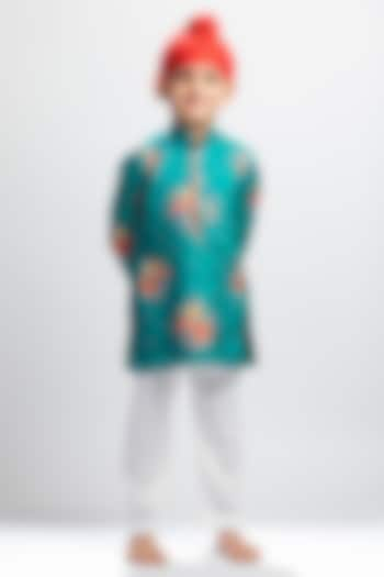 Green Muslin Floral Printed & Sequin Embroidered Kurta Set For Boys by MR BRAT