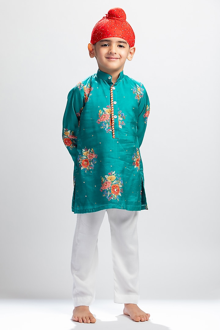 Green Muslin Floral Printed & Sequin Embroidered Kurta Set For Boys by MR BRAT