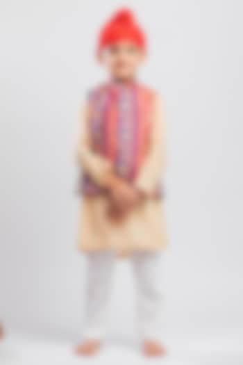 Multi-Colored Muslin Printed & Embroidered Nehru Jacket Set For Boys by MR BRAT