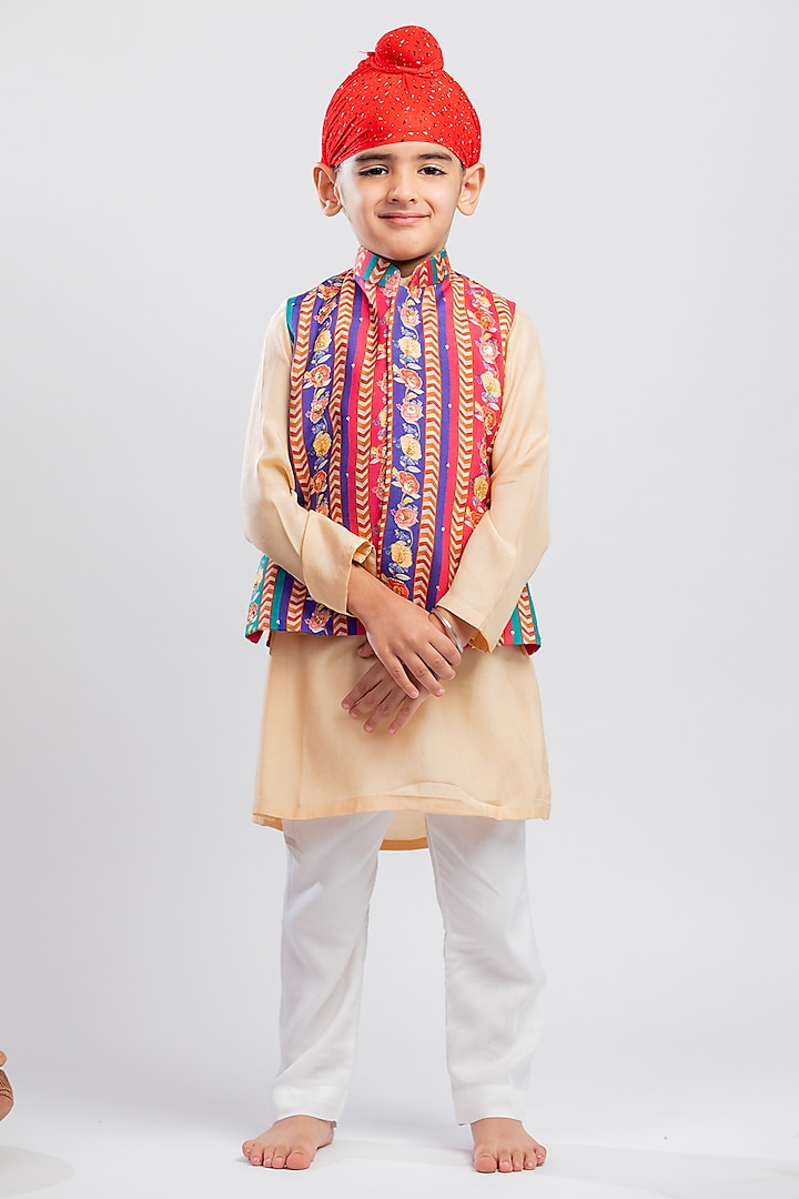 Multi-Colored Muslin Printed & Embroidered Nehru Jacket Set For Boys by MR BRAT