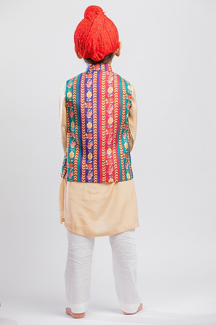 Multi-Colored Muslin Printed & Embroidered Nehru Jacket Set For Boys by MR BRAT at Pernia's Pop Up Shop