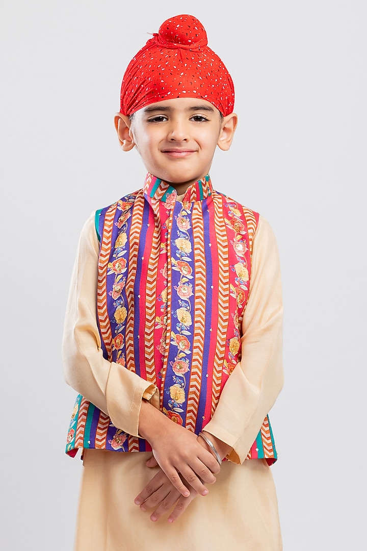 Multi-Colored Muslin Printed & Embroidered Nehru Jacket Set For Boys by MR BRAT at Pernia's Pop Up Shop