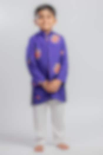 Purple Muslin Floral Printed & Sequins Embroidered Nehru Jacket Set For Boys by MR BRAT