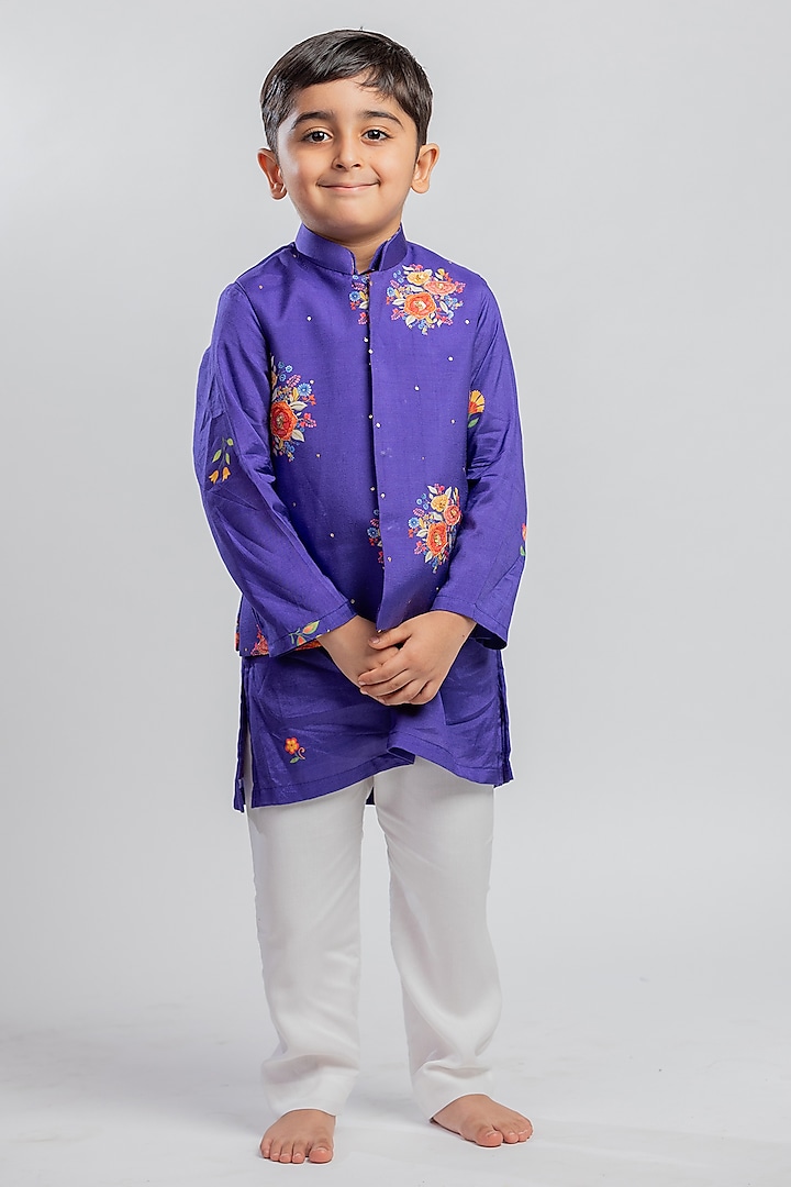 Purple Muslin Floral Printed & Sequins Embroidered Nehru Jacket Set For Boys by MR BRAT