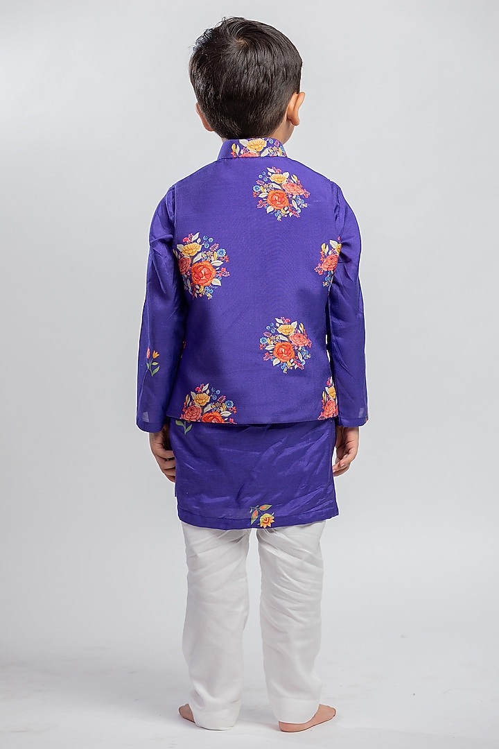 Purple Muslin Floral Printed & Sequins Embroidered Nehru Jacket Set For Boys by MR BRAT at Pernia's Pop Up Shop