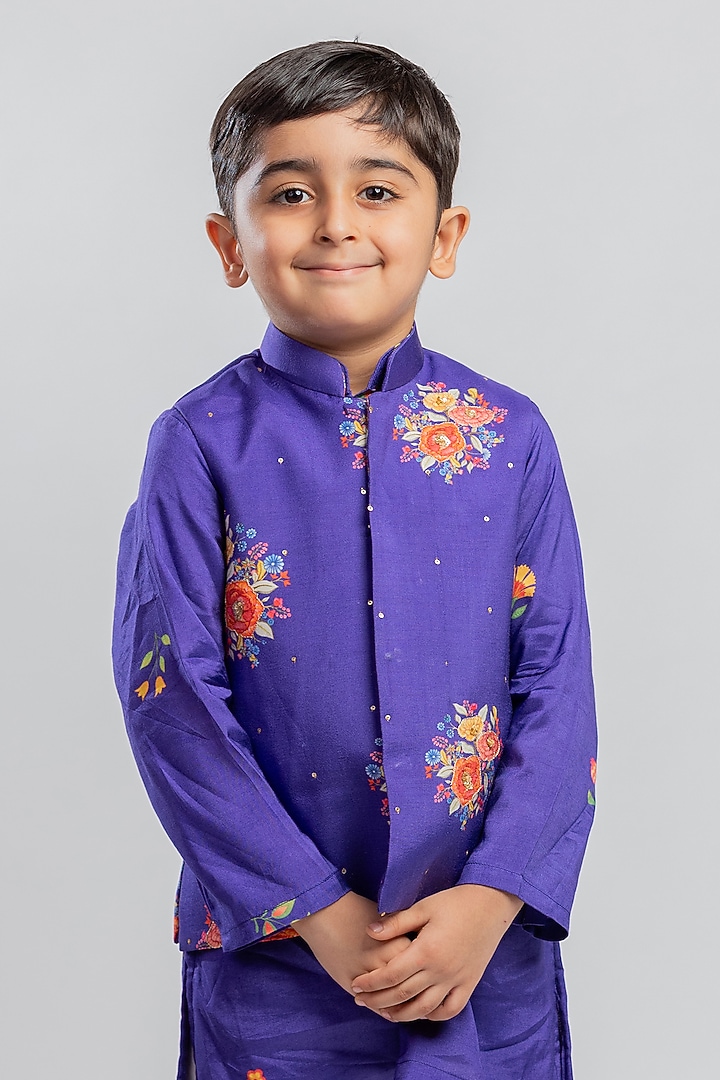 Purple Muslin Floral Printed & Sequins Embroidered Nehru Jacket Set For Boys by MR BRAT at Pernia's Pop Up Shop