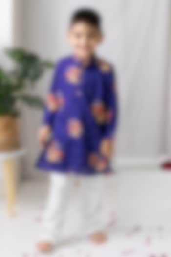 Purple Muslin Floral Printed & Sequins Embroidered Kurta Set For Boys by MR BRAT