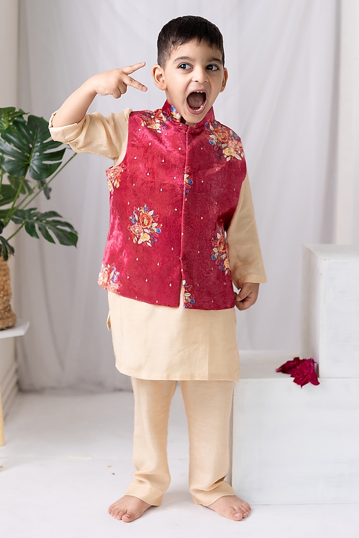 Red Velvet Floral Printed Nehru Jacket Set For Boys by MR BRAT