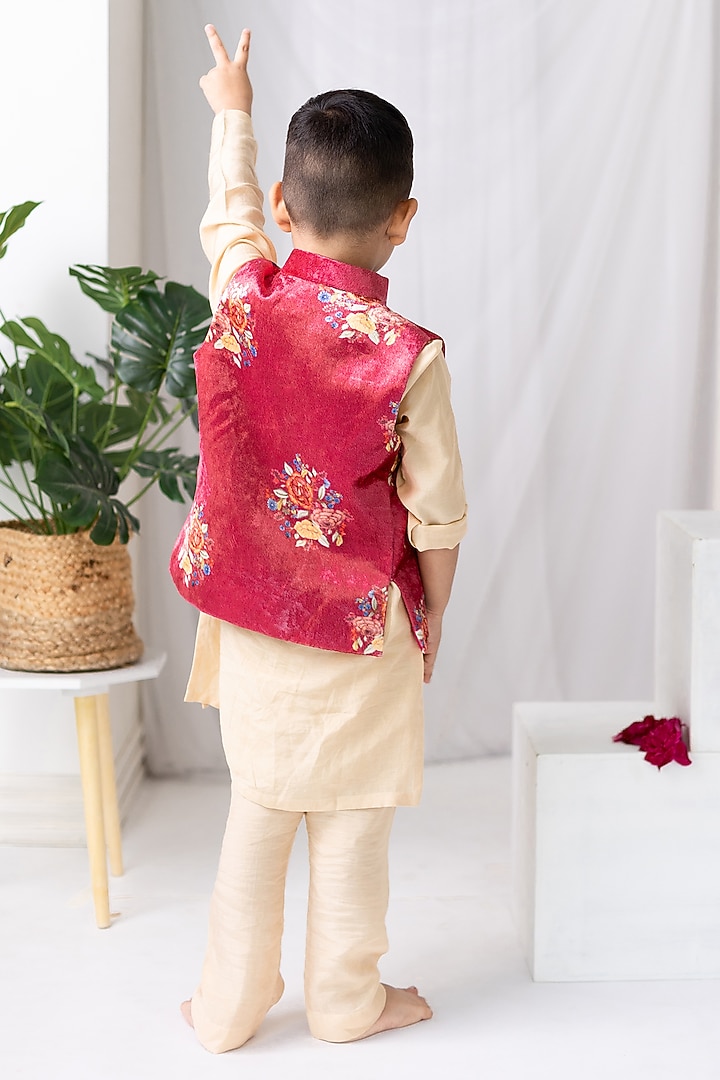 Red Velvet Floral Printed Nehru Jacket Set For Boys by MR BRAT at Pernia's Pop Up Shop