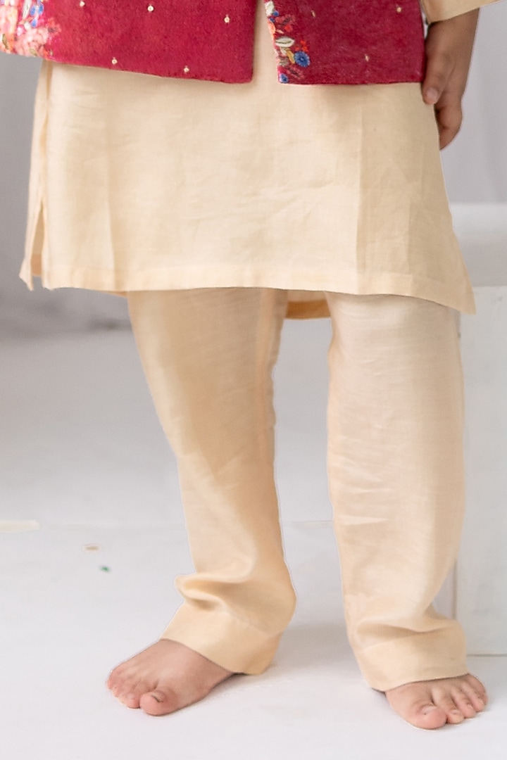 Red Velvet Floral Printed Nehru Jacket Set For Boys by MR BRAT at Pernia's Pop Up Shop