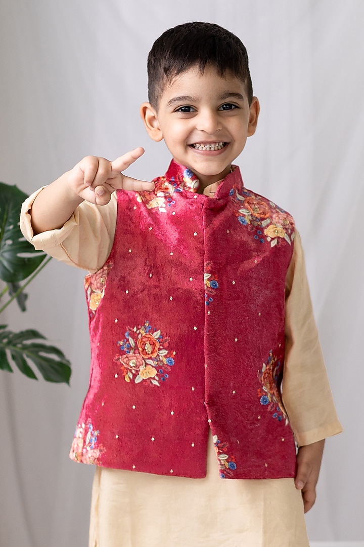Red Velvet Floral Printed Nehru Jacket Set For Boys by MR BRAT at Pernia's Pop Up Shop