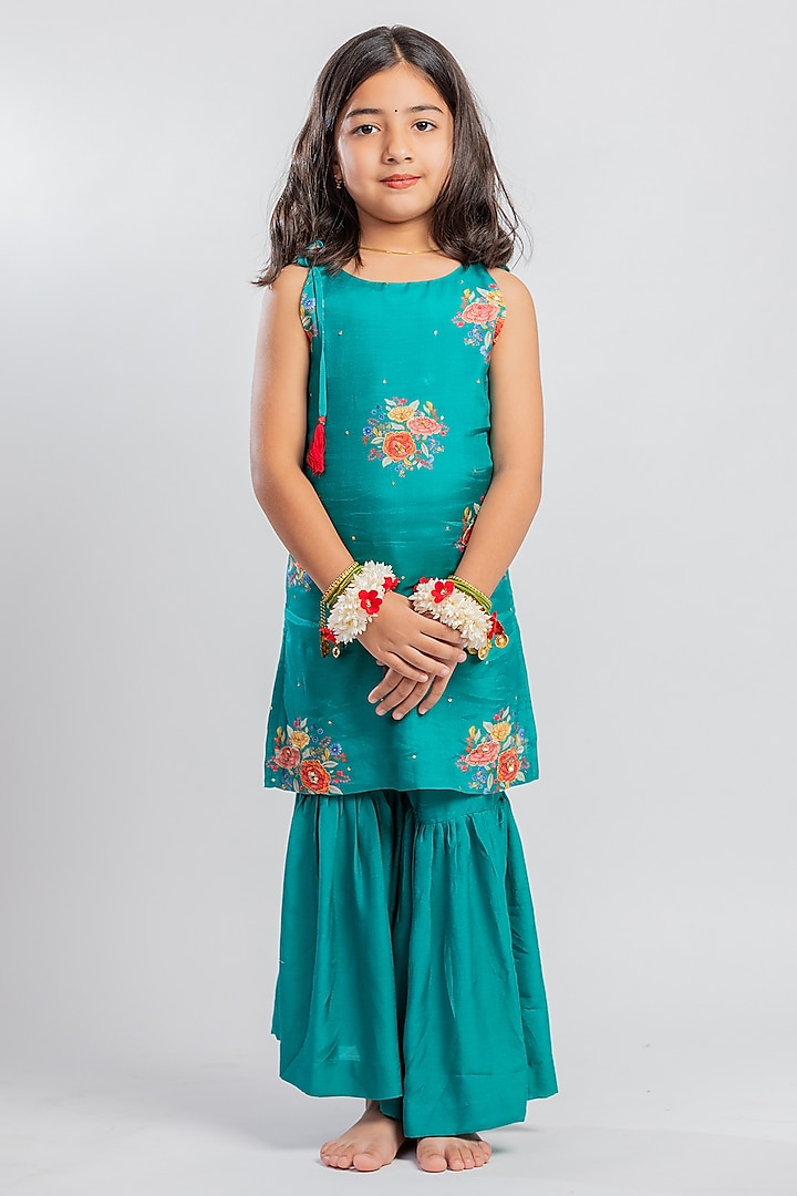 Green Muslin Floral Printed & Embroidered Kurta Set For Girls by MR BRAT at Pernia's Pop Up Shop