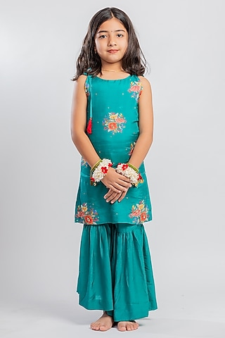 Green Muslin Floral Printed & Embroidered Kurta Set For Girls by MR BRAT