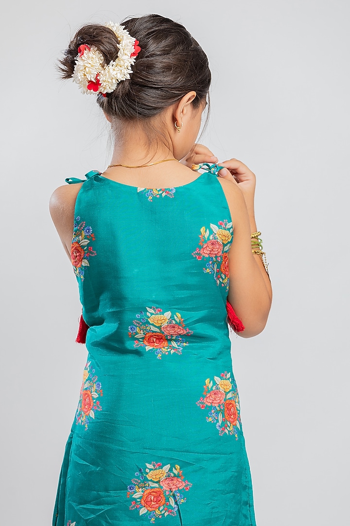 Green Muslin Floral Printed & Embroidered Kurta Set For Girls by MR BRAT at Pernia's Pop Up Shop