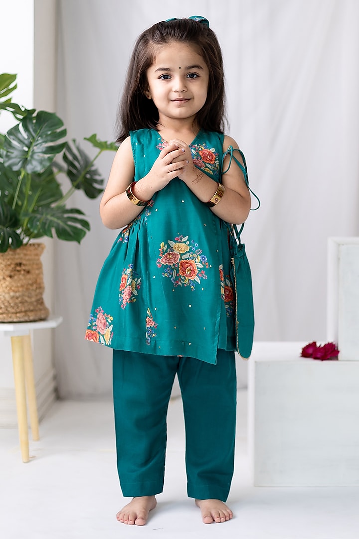 Green Muslin Floral Printed Kurta Set For Girls by MR BRAT