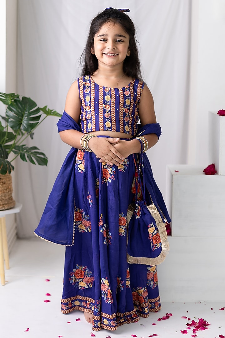 Purple Muslin Floral Printed Lehenga Set For Girls by MR BRAT at Pernia's Pop Up Shop