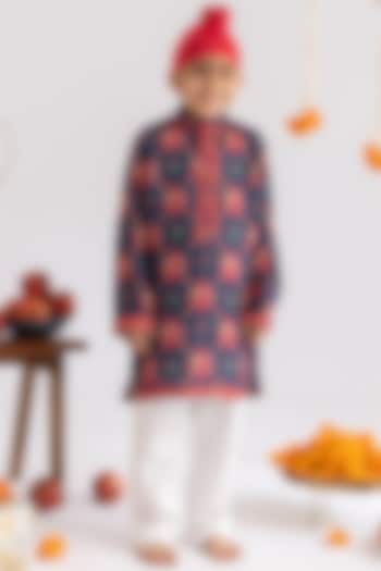 Blue Muslin Jaal Printed Kurta Set For Boys by MR BRAT at Pernia's Pop Up Shop