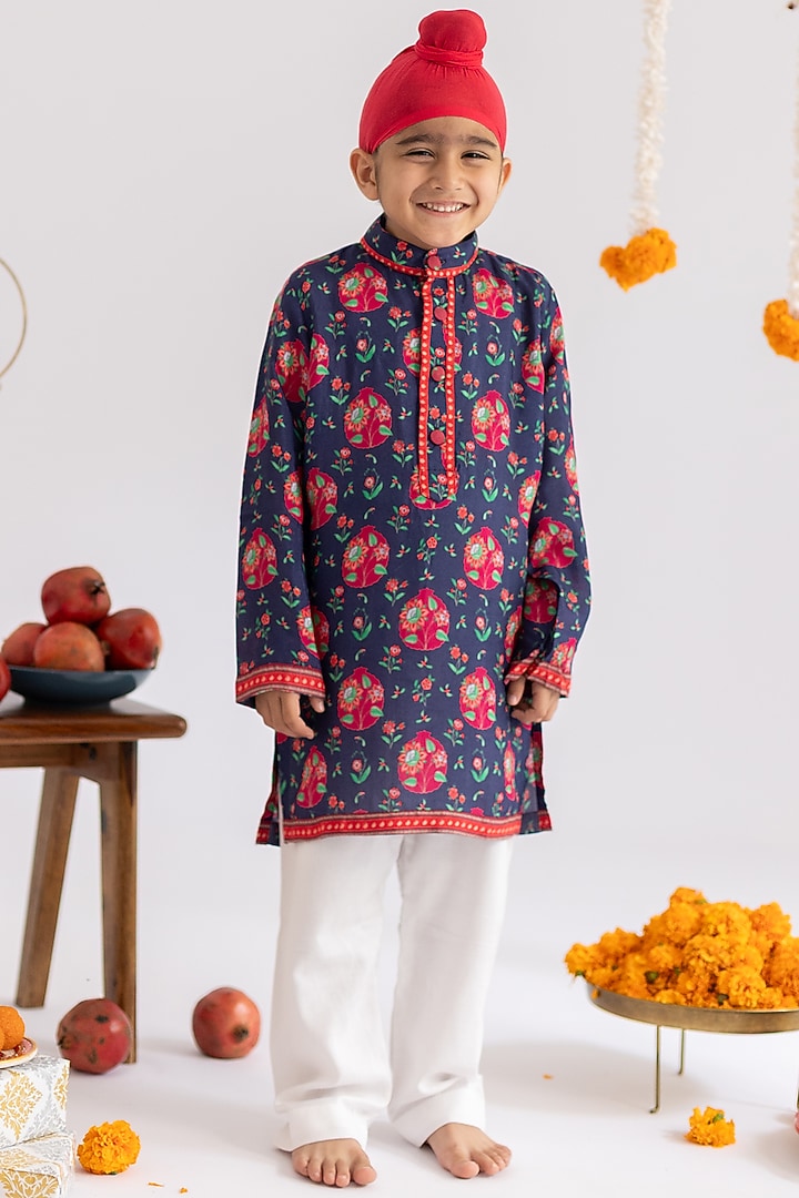 Blue Muslin Jaal Printed Kurta Set For Boys by MR BRAT at Pernia's Pop Up Shop