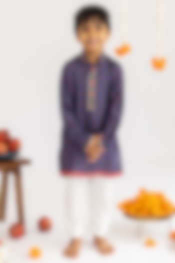 Blue Muslin Printed Kurta Set For Boys by MR BRAT at Pernia's Pop Up Shop