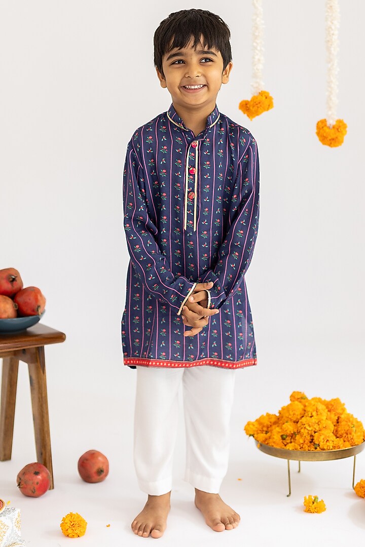 Blue Muslin Printed Kurta Set For Boys by MR BRAT at Pernia's Pop Up Shop