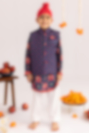 Navy Blue Muslin Printed Nehru Jacket Set For Boys by MR BRAT at Pernia's Pop Up Shop