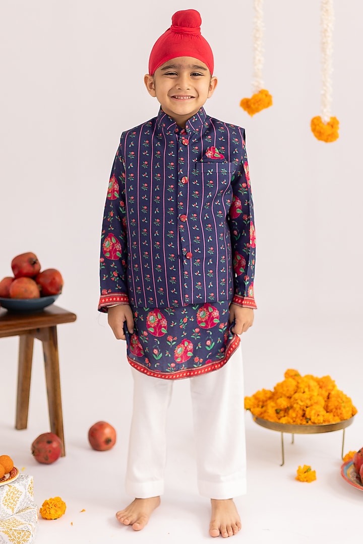 Navy Blue Muslin Printed Nehru Jacket Set For Boys by MR BRAT at Pernia's Pop Up Shop