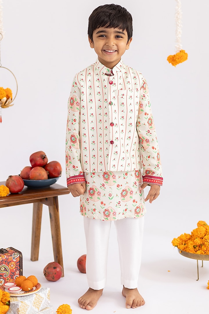 Ivory Muslin Printed Nehru Jacket Set For Boys by MR BRAT at Pernia's Pop Up Shop