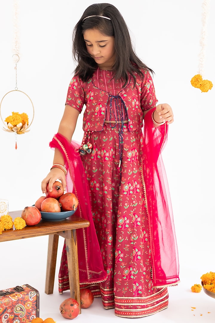 Maroon Muslin Printed Lehenga Set For Girls by MR BRAT at Pernia's Pop Up Shop